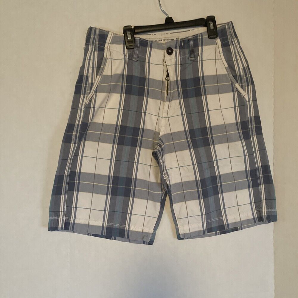 AE American Eagle Board Shorts Mens Waist 30 White Blue Plaid Longer Length